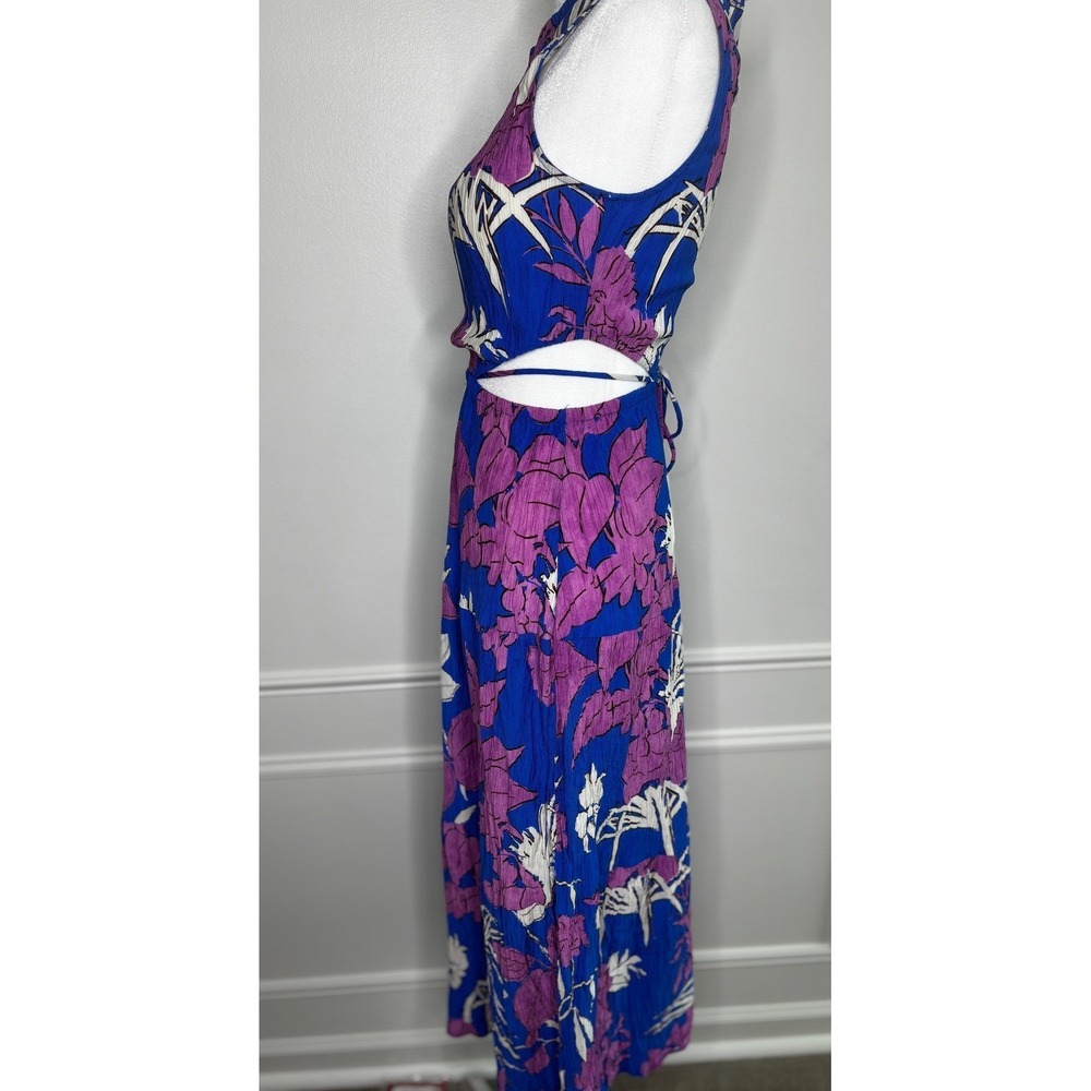 Mango MNG Blue Purple Floral Plissé Cut-Out Maxi Dress XS Sleeveless Summer - Picture 2 of 7